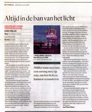 Read article here: ↗ (link: https://www.parool.nl/kunst-media/de-polaroids-van-cameraman-robby-muller-zien-eruit-als-filmstills~b47d8bdb/ text: De polaroids van cameraman Robby Müller zien eruit als filmstills target: _blank) Het Parool, July 2020